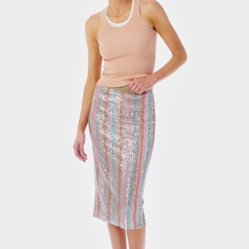 LE SUPERBE Liza Beach Stripe Stretch Sequin Pencil Skirt Womens XS Pull On - Picture 9 of 10